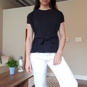 Black jersey top with ties at the waist